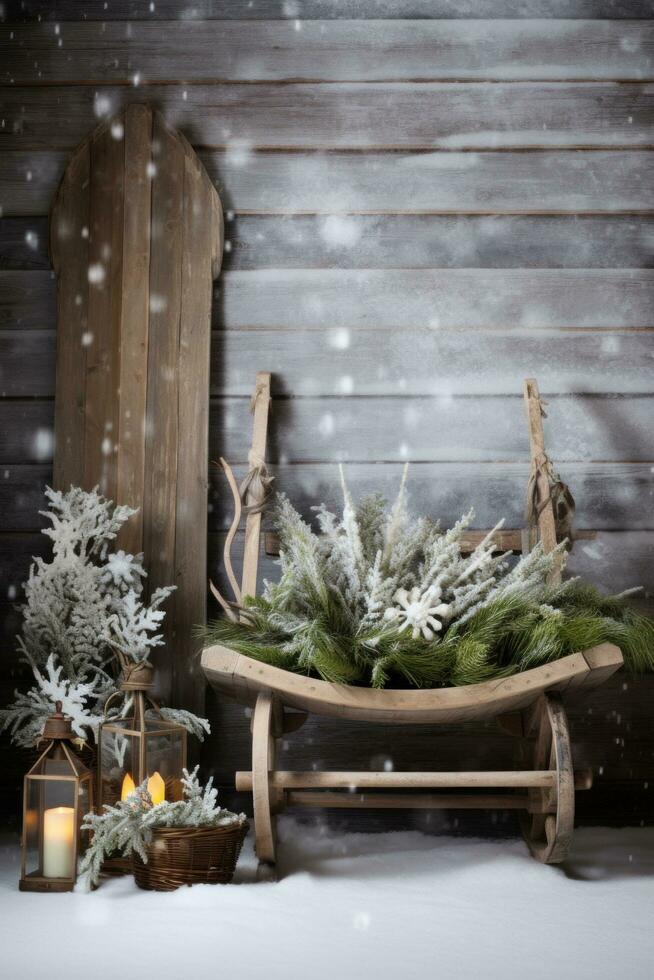 ai genererad en rustik trä- kälke lutande mot en vägg med en bakgrund av snöflingor och vintergröna grenar foto