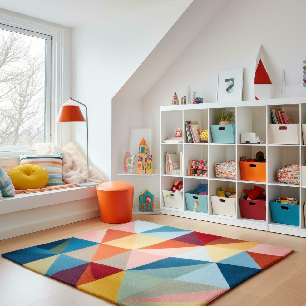 ai genererad barns rum med en färgrik matta, bokhylla med färgrik lagring papperskorgar, en stol och en golv lampa. foto