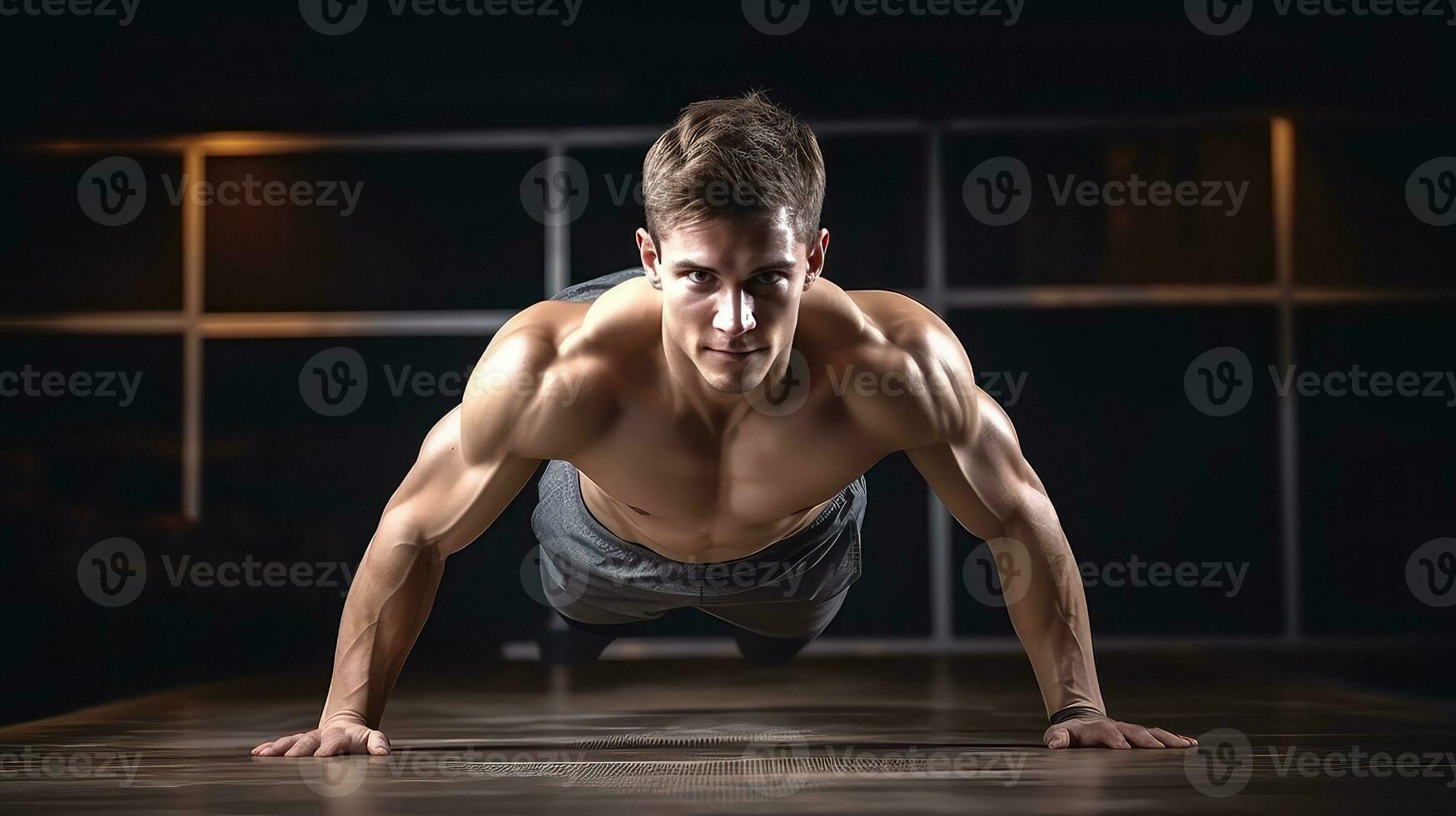 ai genererad ung man stående stark i de Gym och böjning muskler, man håller på med armhävningar, kroppsvikt övningar foto