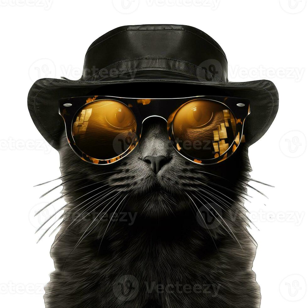 ai genererad rolig svart katt med solglasögon och keps isolerat på vit bakgrund. foto