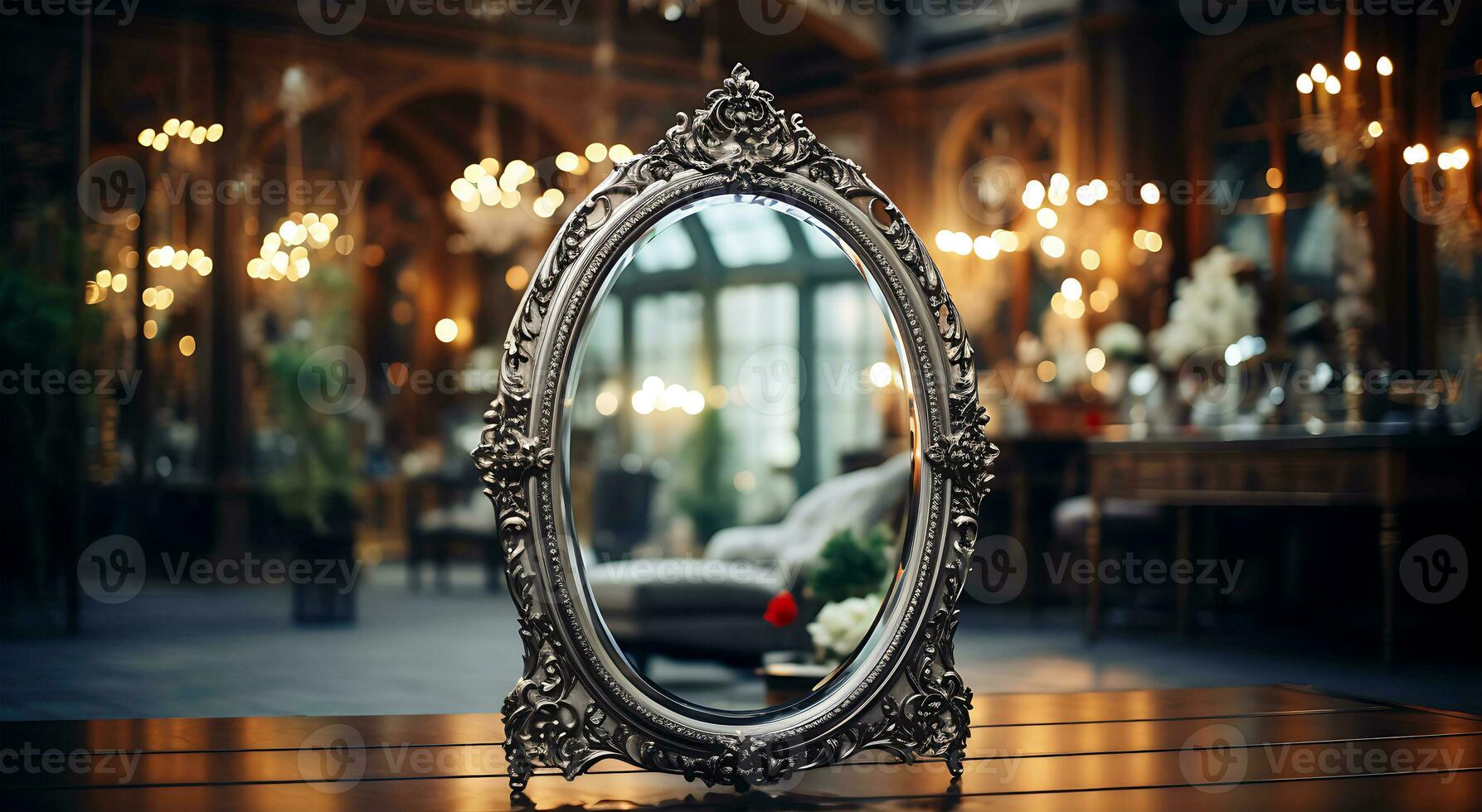 ai genererad se av en skön rena spegel i en färgrik rum foto