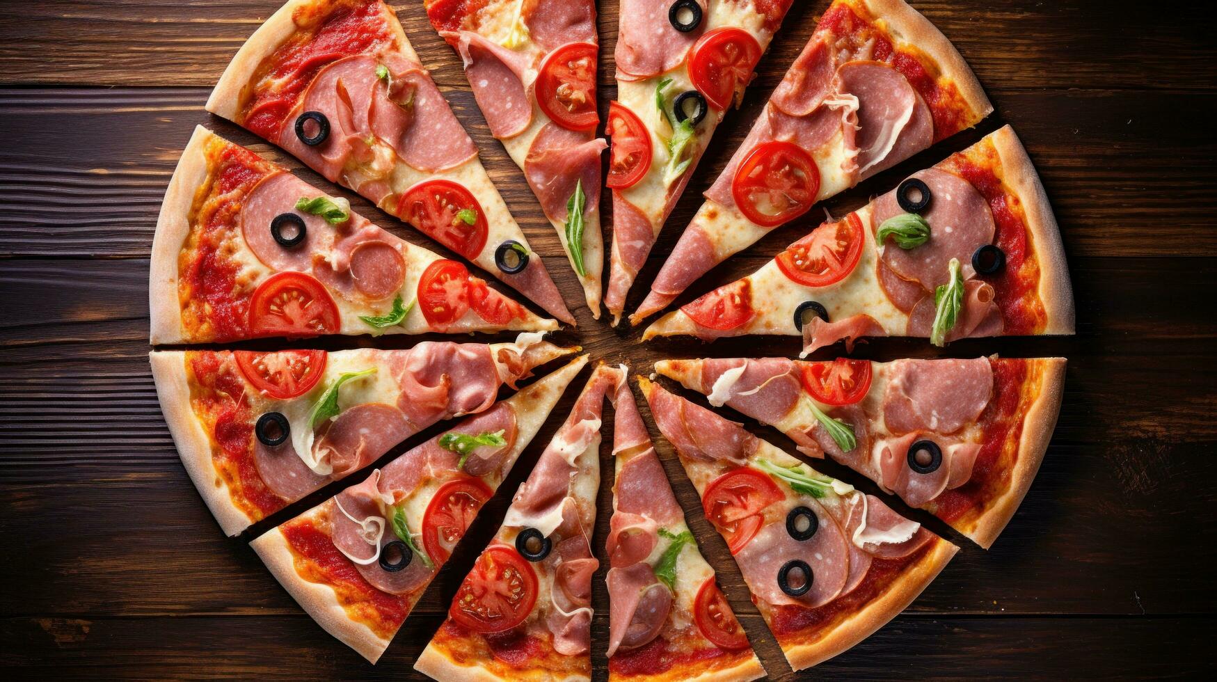 ai genererad pizza skivor anordnad i en spiral mönster, betona de symmetrisk skönhet av de pizza foto