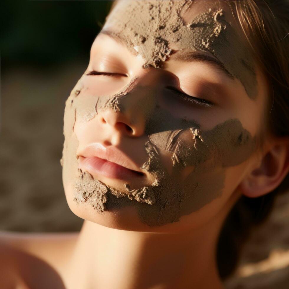 ai genererad kvinnas ansikte med en lera mask på. de mask är en ljus brun Färg och är torkning på henne hud foto