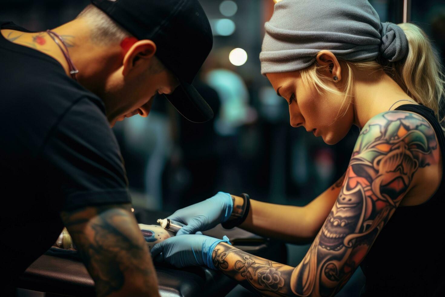 ai genererad tatuering konstnär håller på med tatuering på en ung kvinna i en tatuering studio, attoo konstnär arbetssätt på en kundens ärm, ai genererad foto