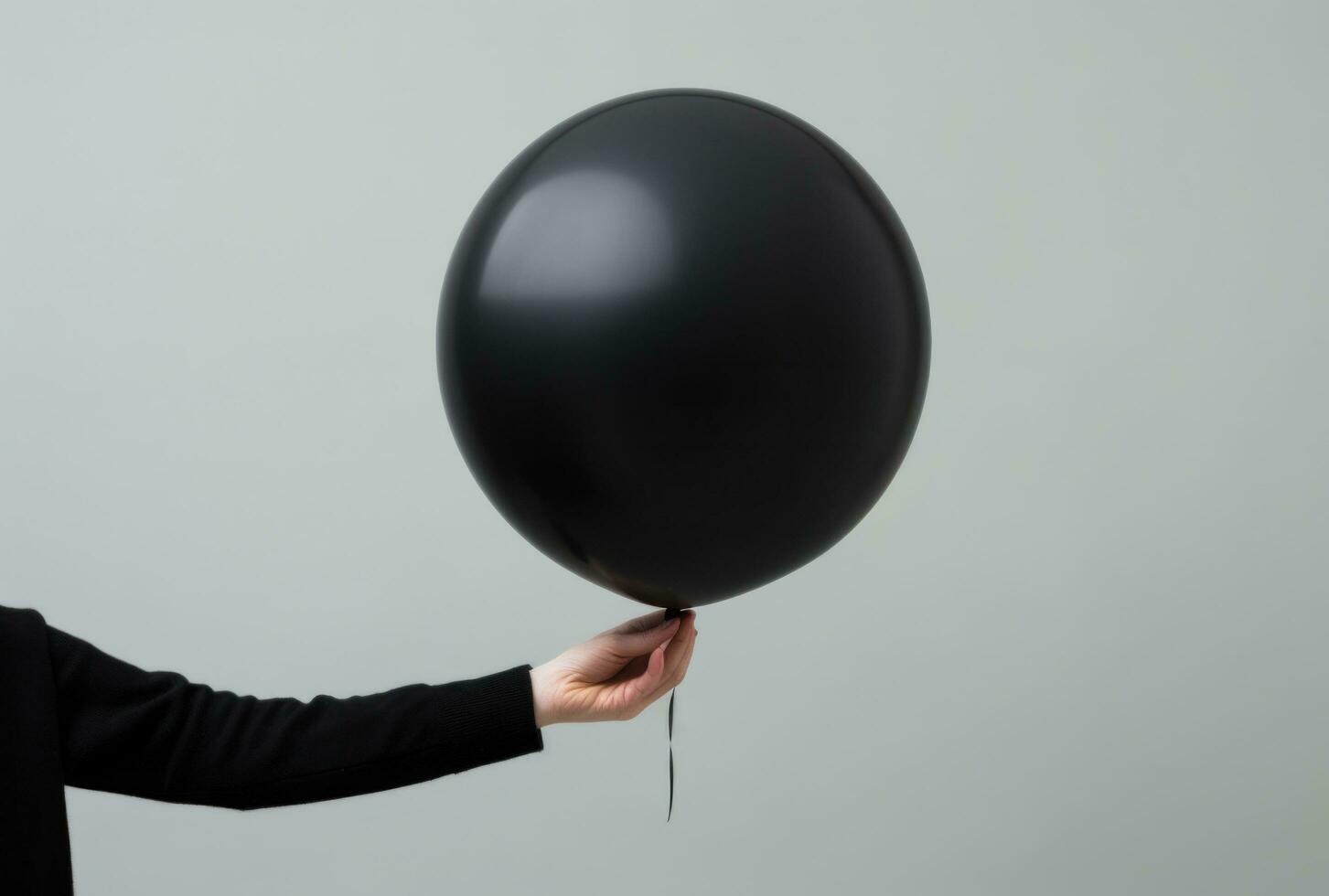 ai genererad en person innehar ut en svart ballong, foto