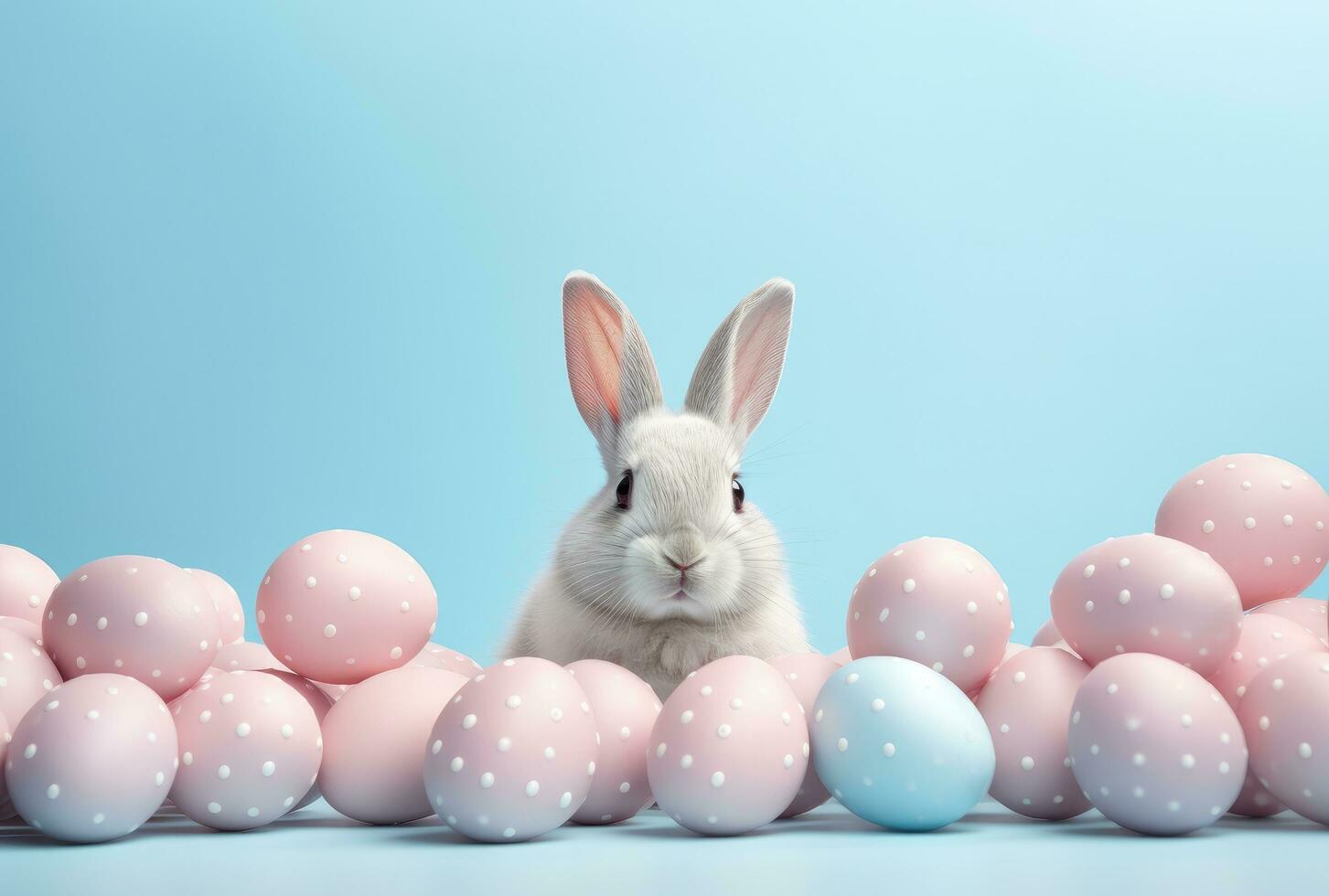 ai genererad påsk kaniner och påsk ägg runt om en blå bakgrund foto