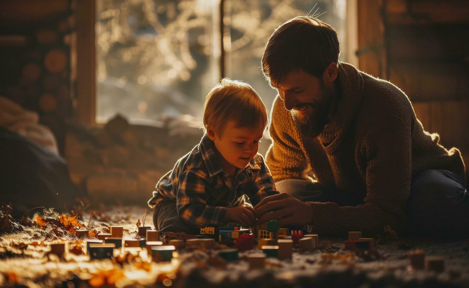 ai genererad Lycklig far och son, spelar med leksak block foto