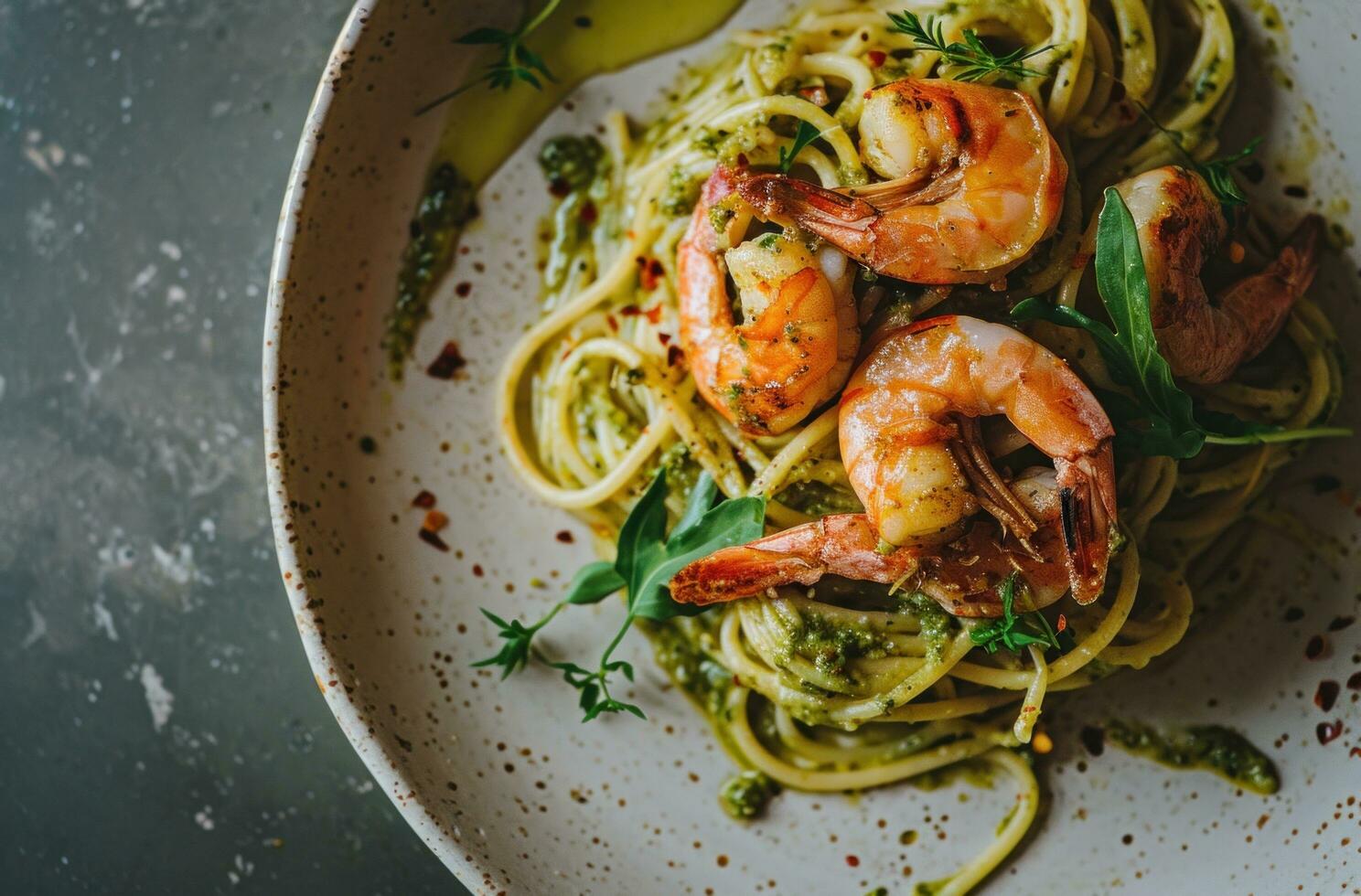 ai genererad räka och pesto spaghetti på en vit tallrik foto