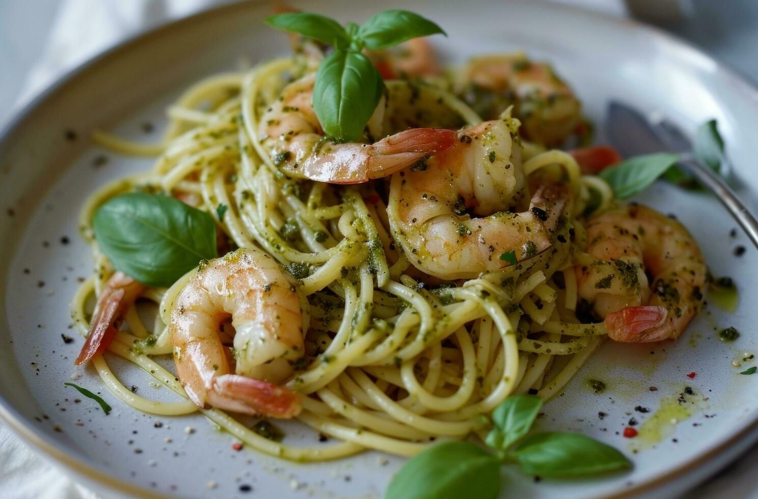 ai genererad räka och pesto spaghetti på en vit tallrik foto