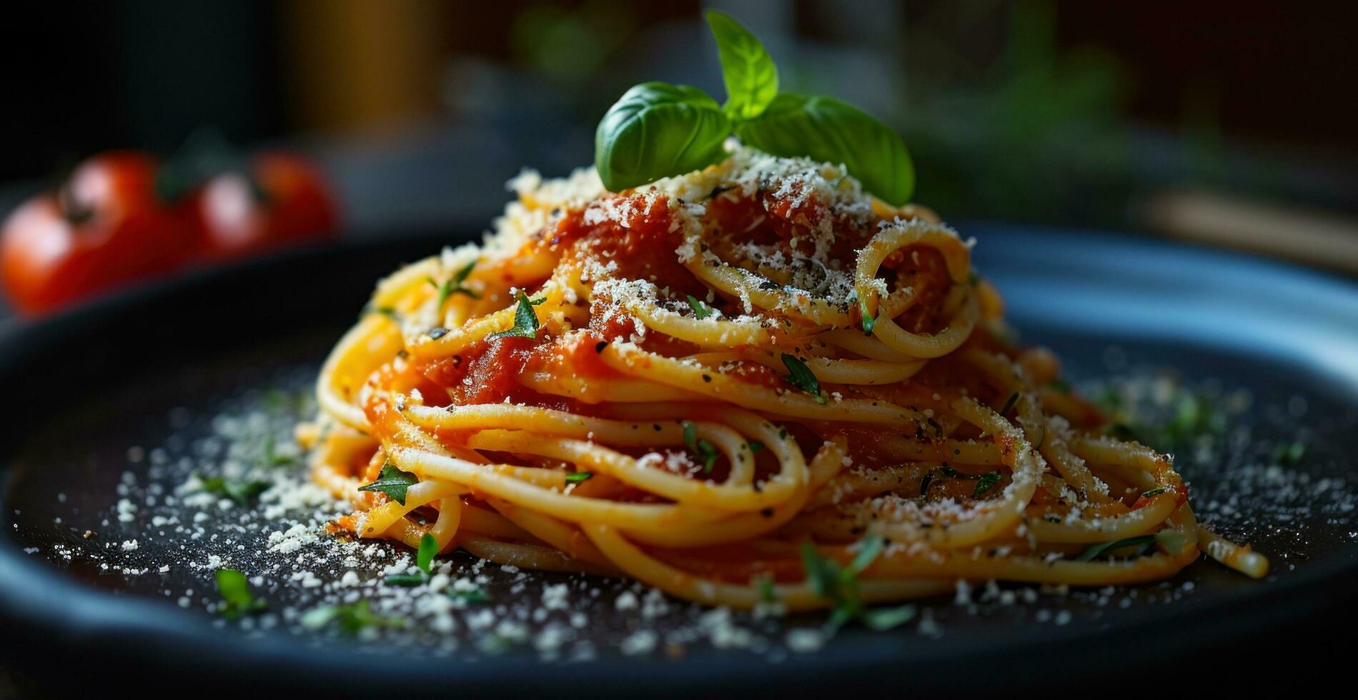 ai genererad spaghetti på en tallrik på svart bakgrund foto