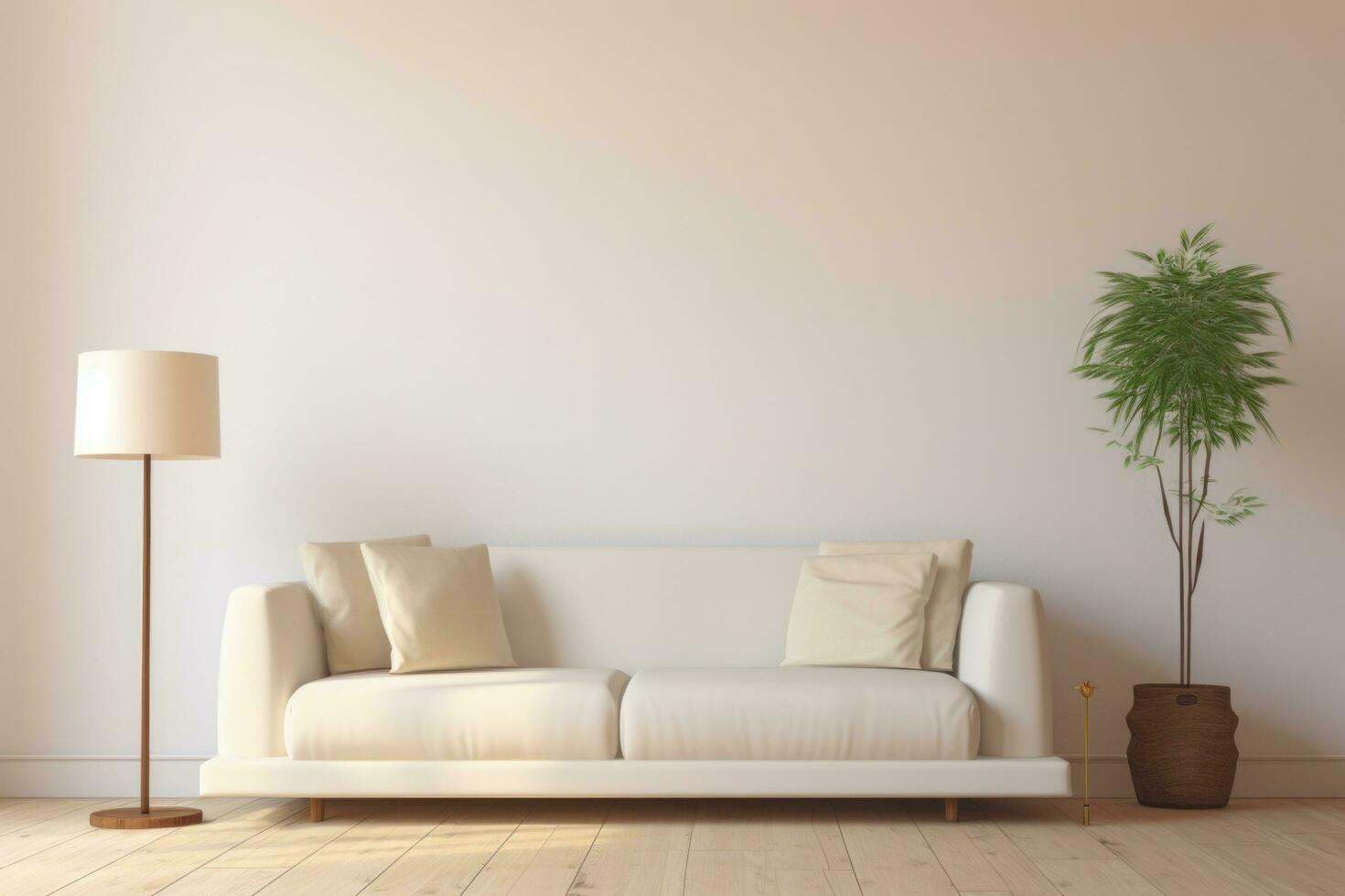 ai genererad en vit soffa, lampor, och trä- golv i en neutral levande rum foto