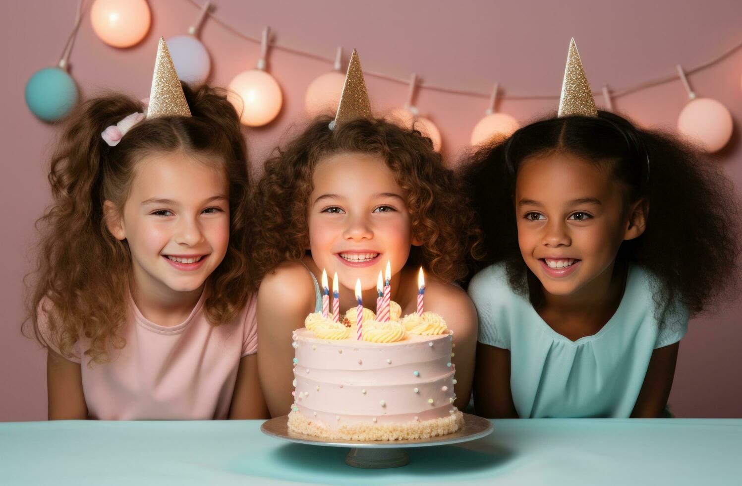 ai genererad flickor fira födelsedag på tabell med kaka och ljus för barn foto
