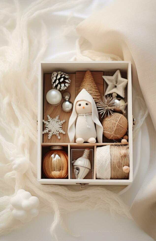 ai genererad en vit presentation låda och trä- gnome dekoration foto
