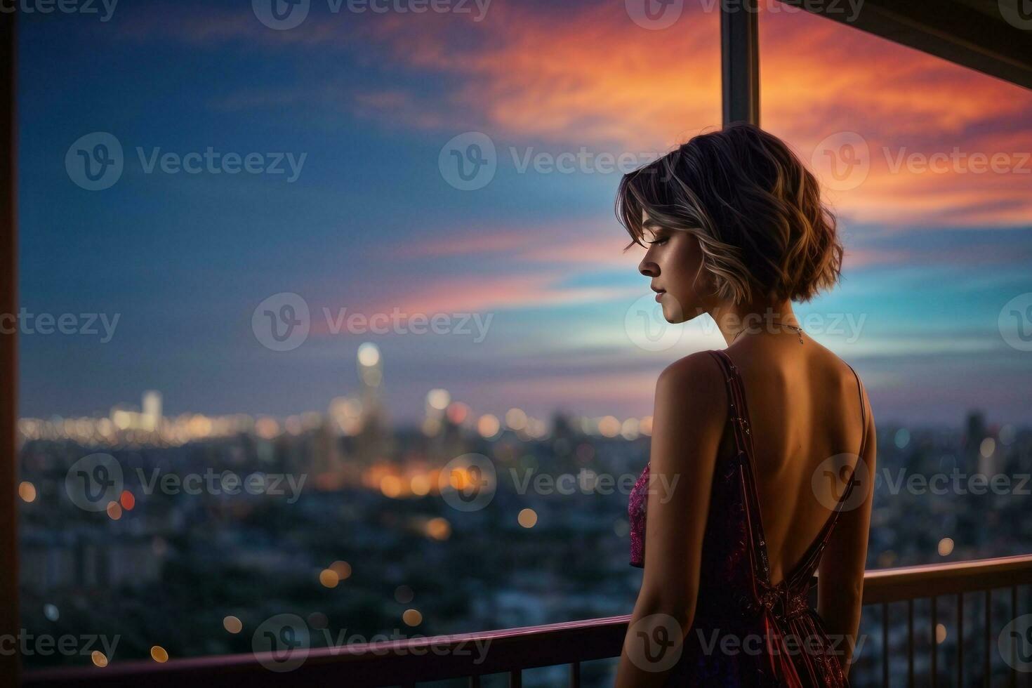 ai genererad nattlig dagdröm, silhuett av en flicka beundrande de natt stadsbild generativ förbi ai foto