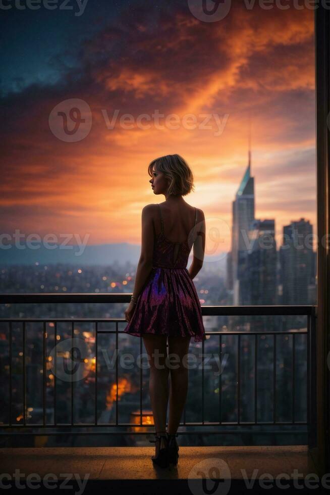 ai genererad nattlig dagdröm, silhuett av en flicka beundrande de natt stadsbild generativ förbi ai foto