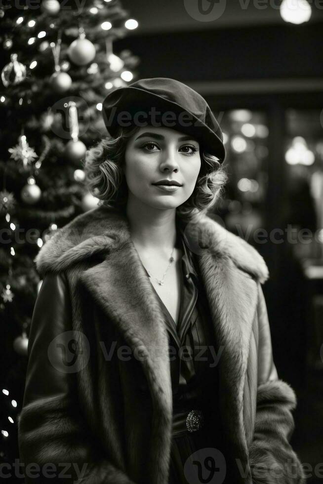 ai genererad retro fest 1920 mode mitt i en jul träd foto