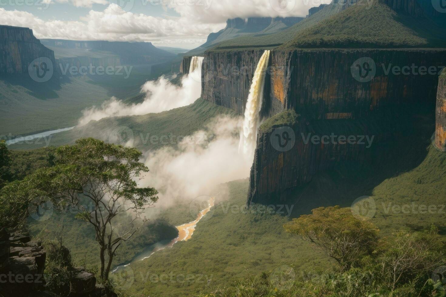 ai genererad majestätisk vattenfall cascading omgiven förbi frodig klippor och grönska generativ förbi ai foto