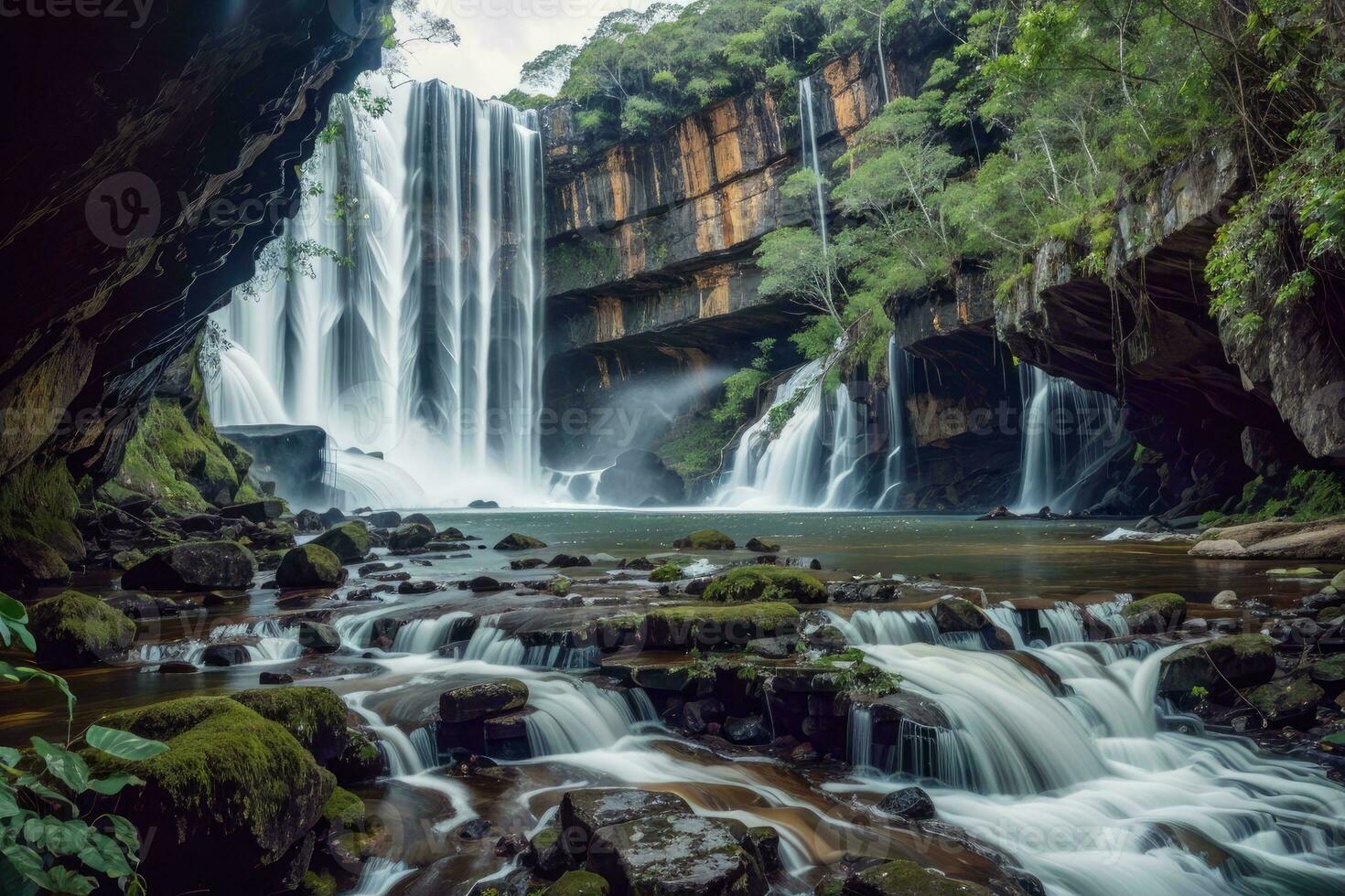 ai genererad majestätisk vattenfall cascading omgiven förbi frodig klippor och grönska generativ förbi ai foto