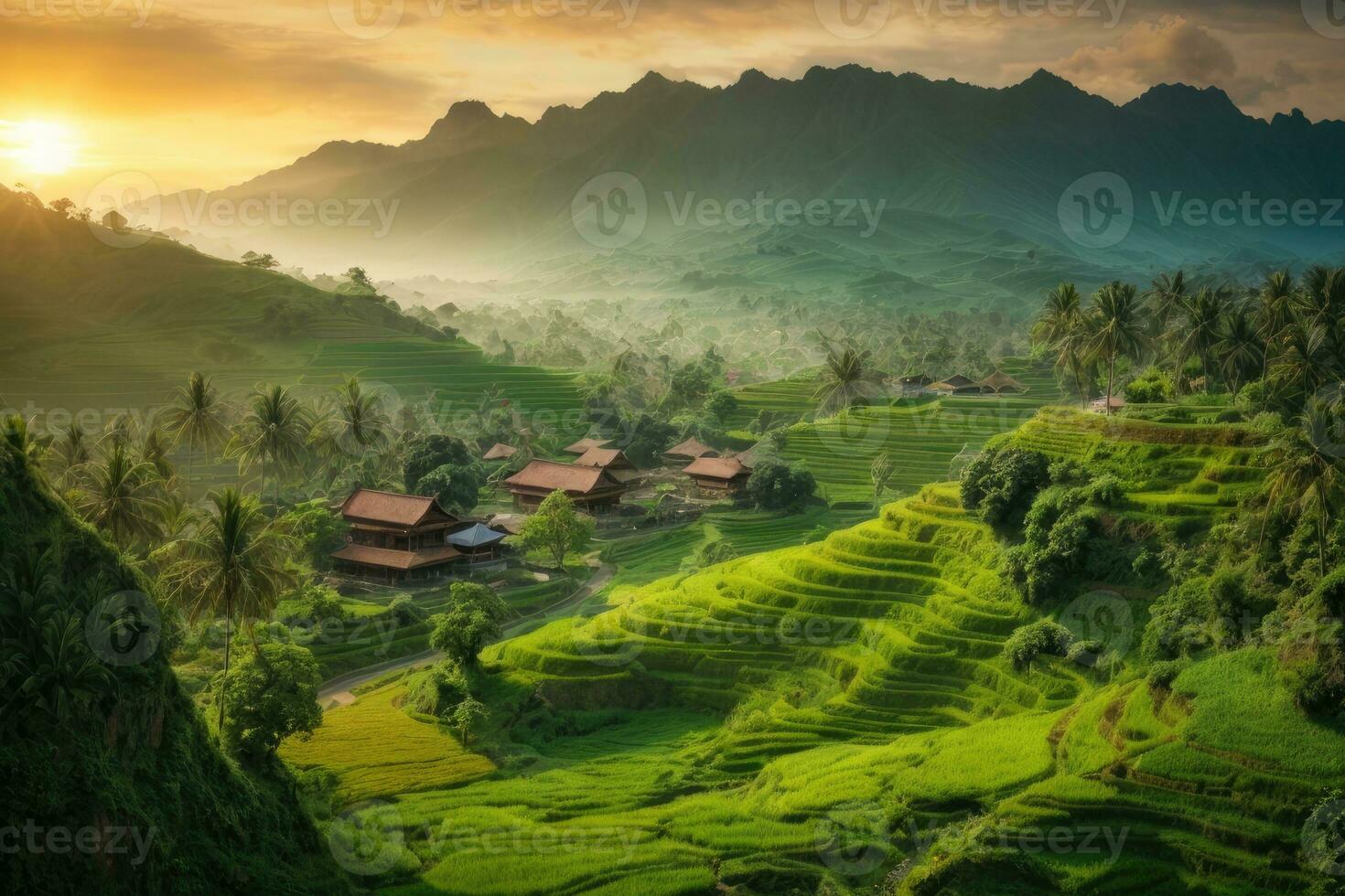 ai genererad majestätisk soluppgång över terrasserad ris fält inbäddat bland frodig grön kullar genererad förbi ai foto