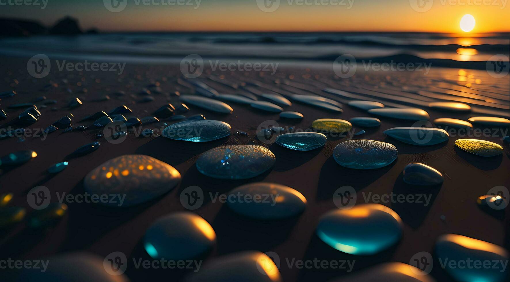 ai genererad slät stenar i en linje på en strand på solnedgång med reflektioner vibrerande himmel färger generativ förbi ai foto