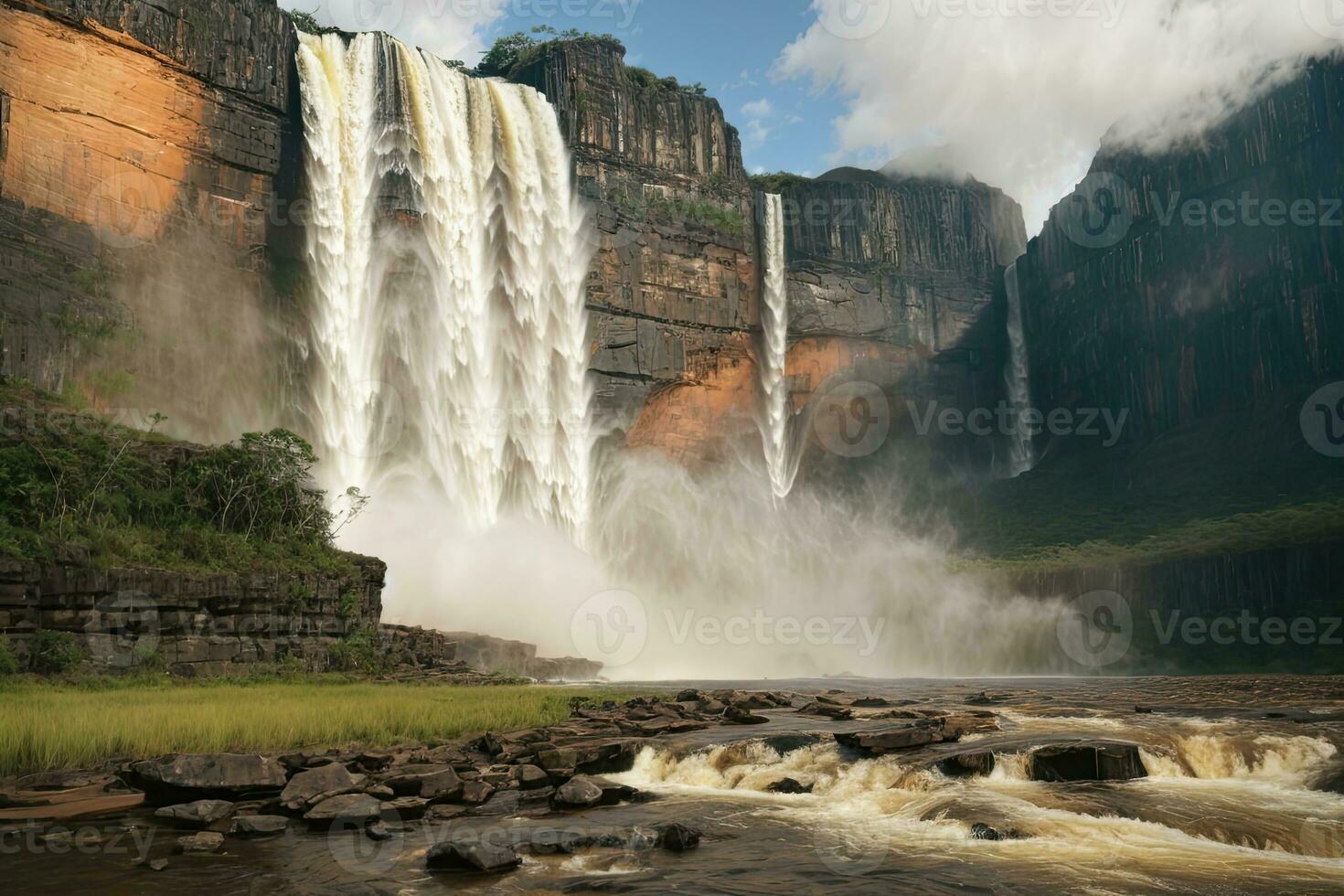 ai genererad majestätisk vattenfall cascading omgiven förbi frodig klippor och grönska generativ förbi ai foto