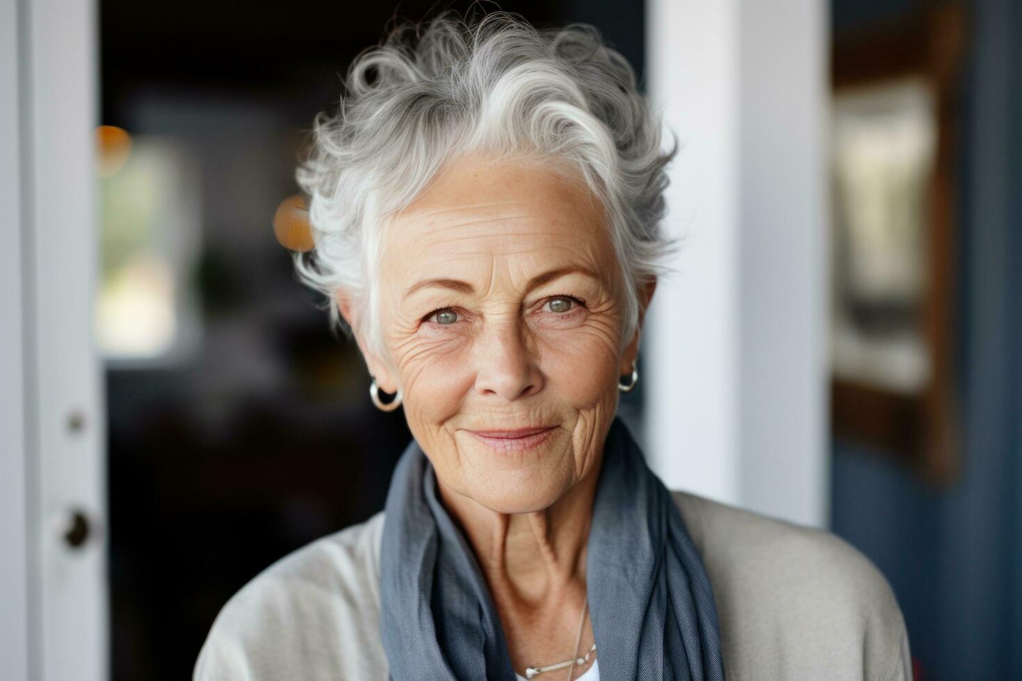 ai genererad äldre kvinna leende med lång hår i vit skjorta foto