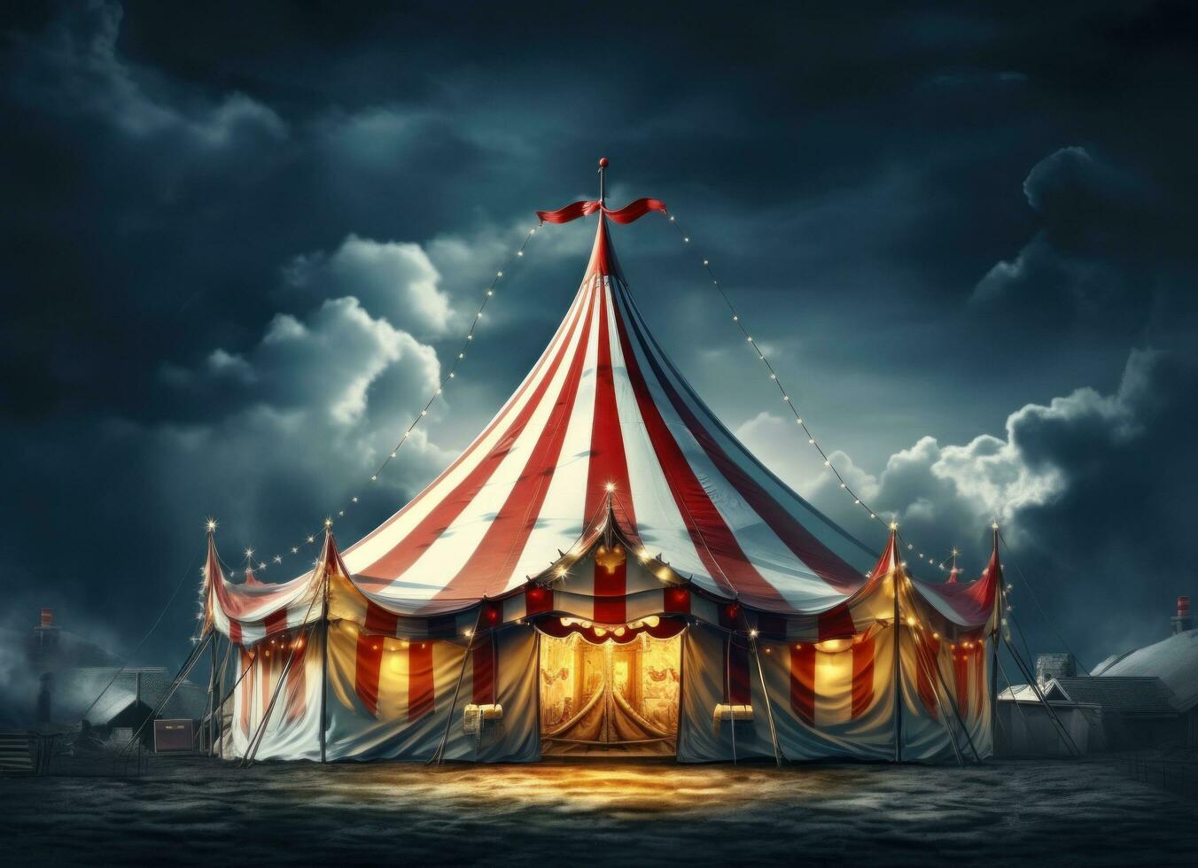 ai genererad röd och gul cirkus tält på natt med lampor foto