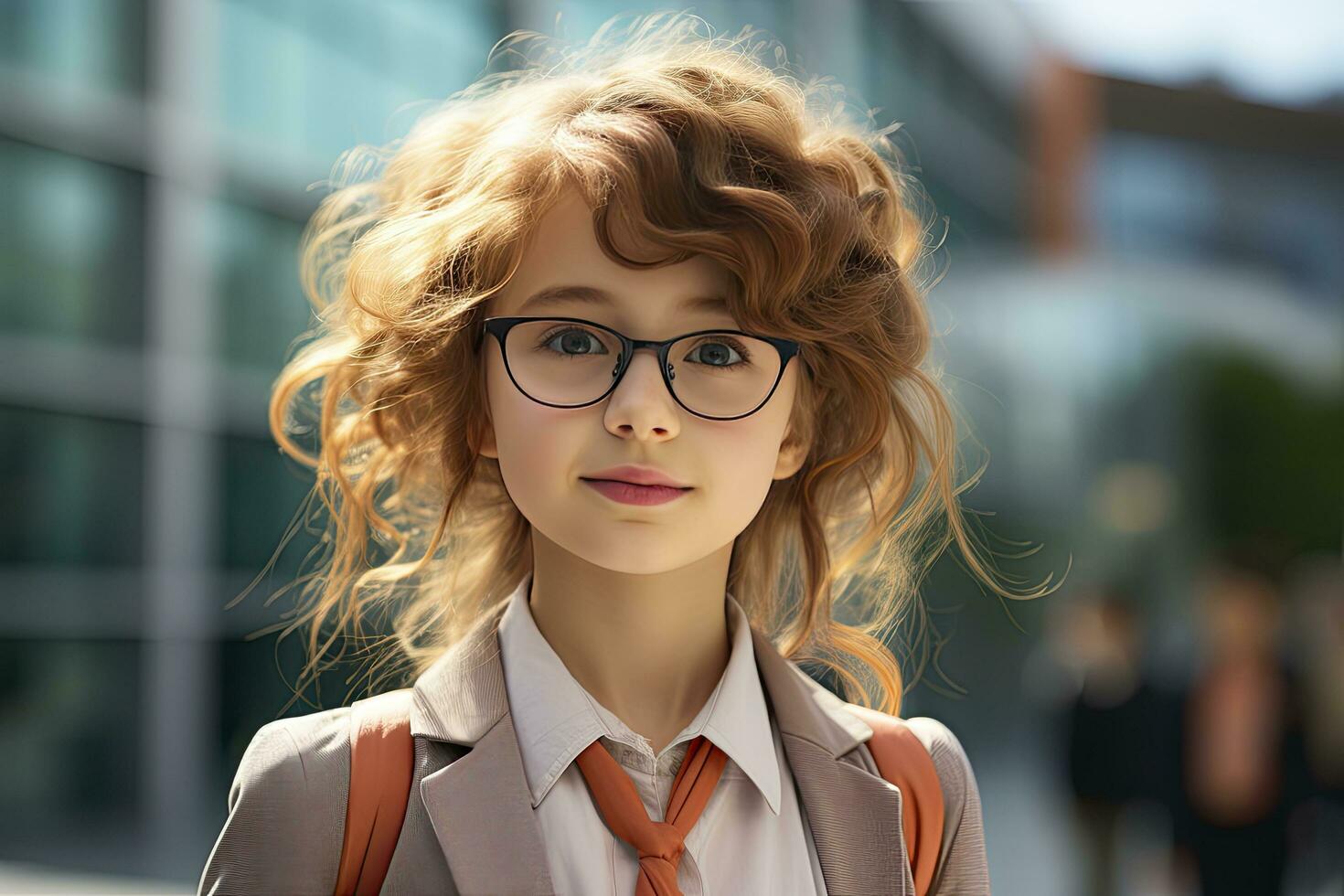 ai genererad skola flicka bär glasögon med ryggsäck foto