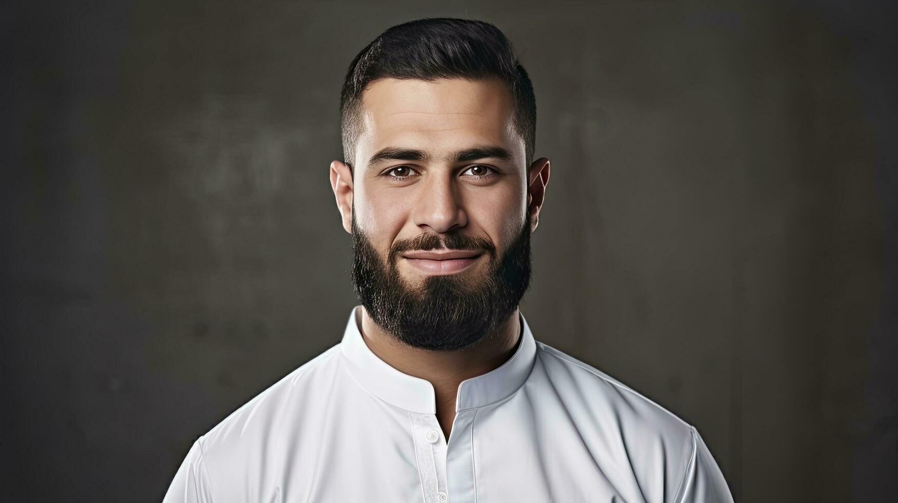 ai genererad muslim man med en skägg och vit skjorta mot en mörk bakgrund foto
