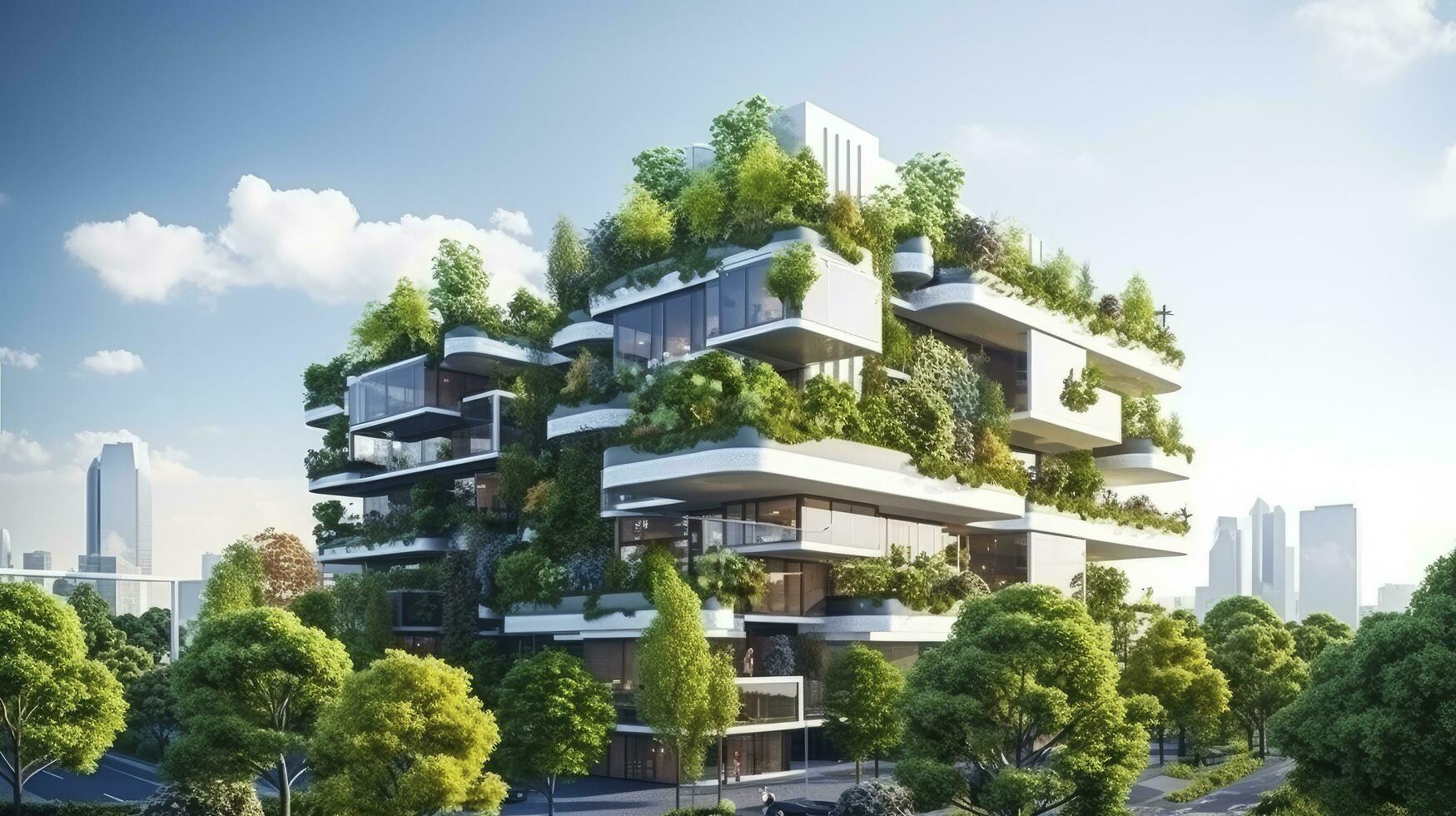 ai genererad hållbart miljövänligt byggnad i modern stad foto