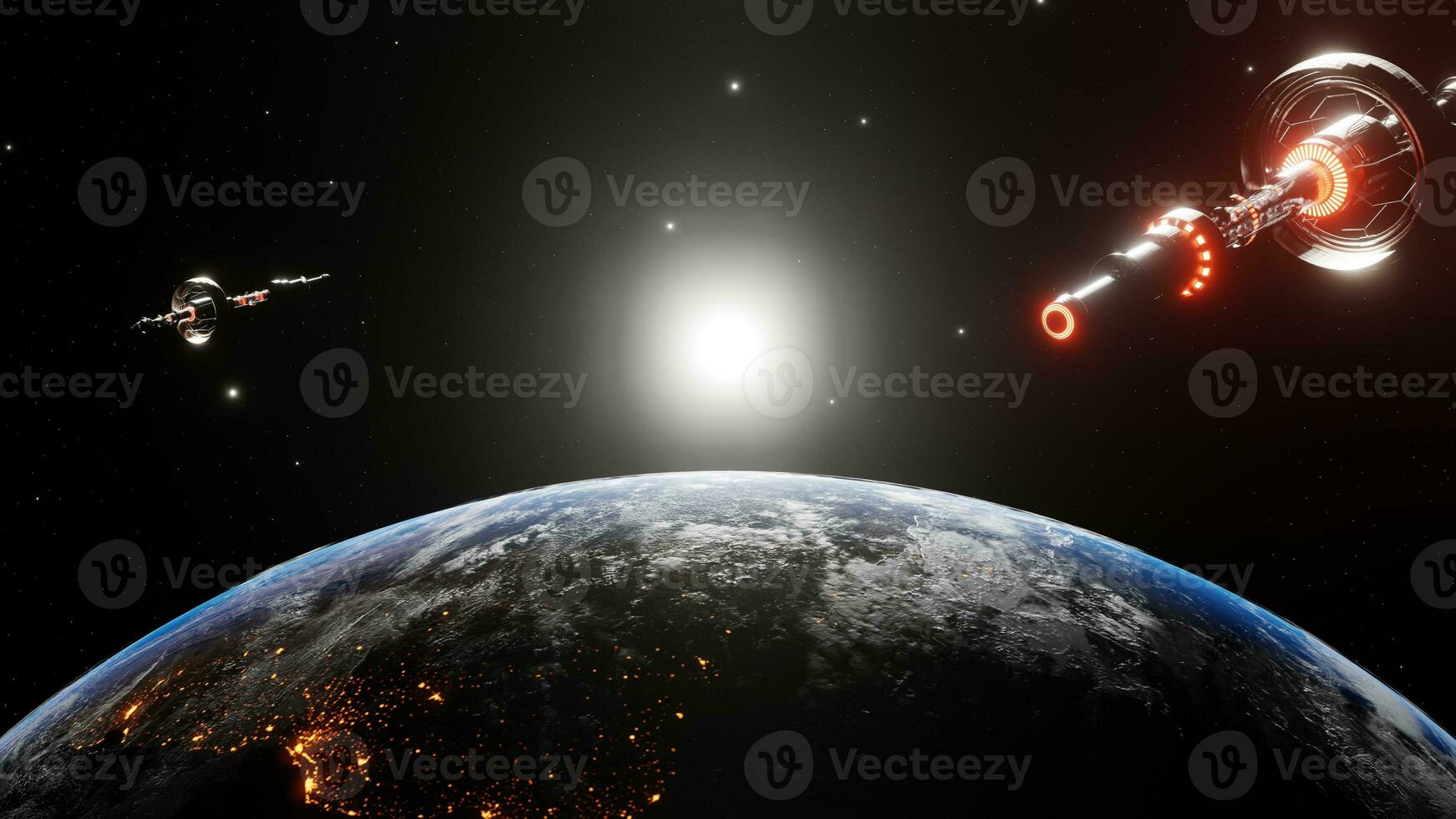utforska de universum bland de stjärnor använder sig av internationell vetenskaplig rymdskepp. kretsande rymdskepp i de universum, shuttle in i atmosfär. bilder från nasa. återges 3d illustration foto