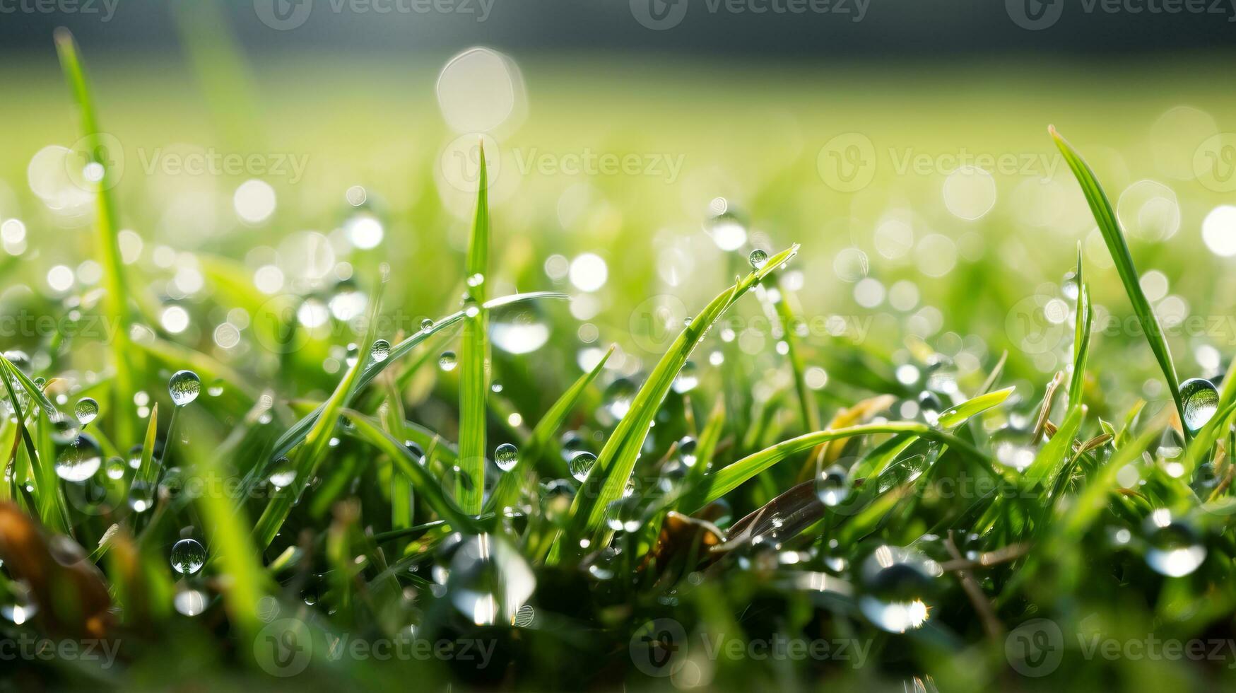 ai genererad drömmande bokeh bakgrund med suddig naturlig grön gräs och gnistrande vatten droppar foto