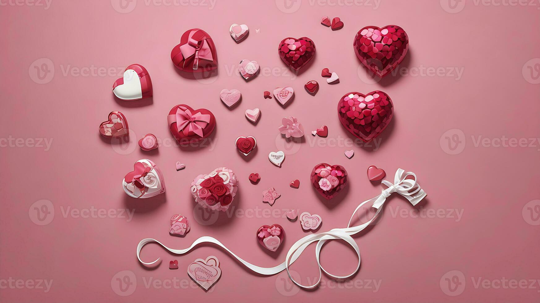 ai genererad valentines dag firande, rosa gåva låda med guld band och hjärta romantisk baner kärlek begrepp på rosa bakgrund 3d tolkning. 3d framställa illustration. platt lägga, topp se foto
