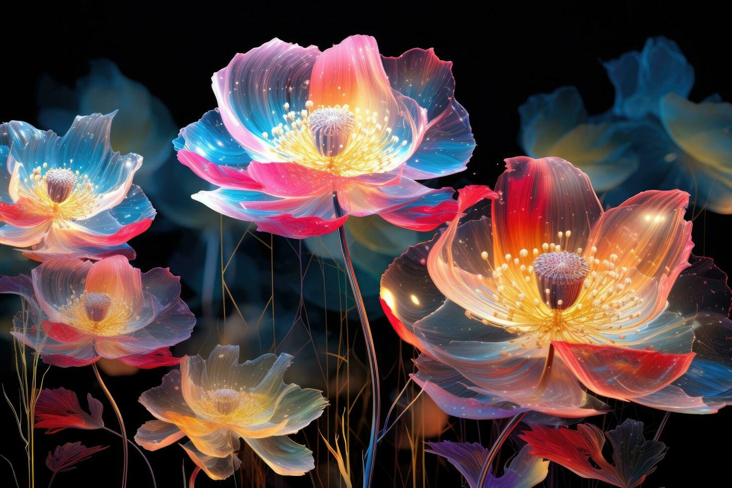 ai genererad skön lotus blommor på svart bakgrund, närbild av Foto, digital teknologi transparent färgrik blommor i abstrakt grafik, ai genererad foto