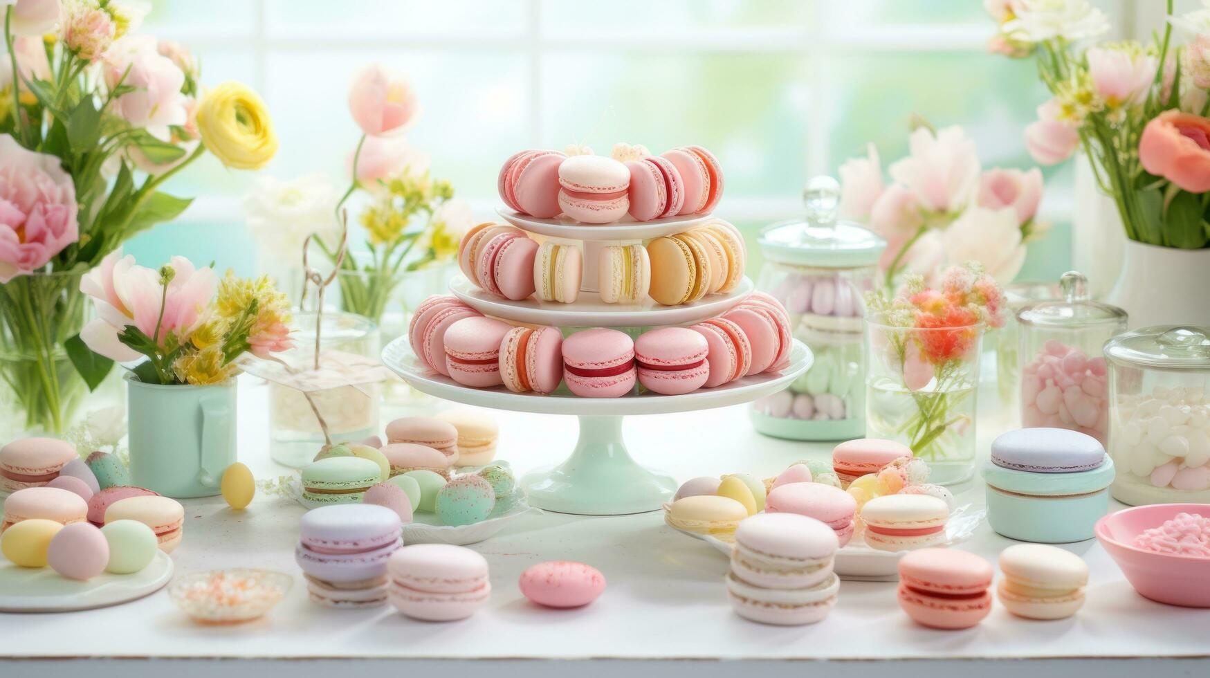 ai genererad en ljus och glad med vårtema efterrätt tabell fylld med cupcakes, macarons, foto