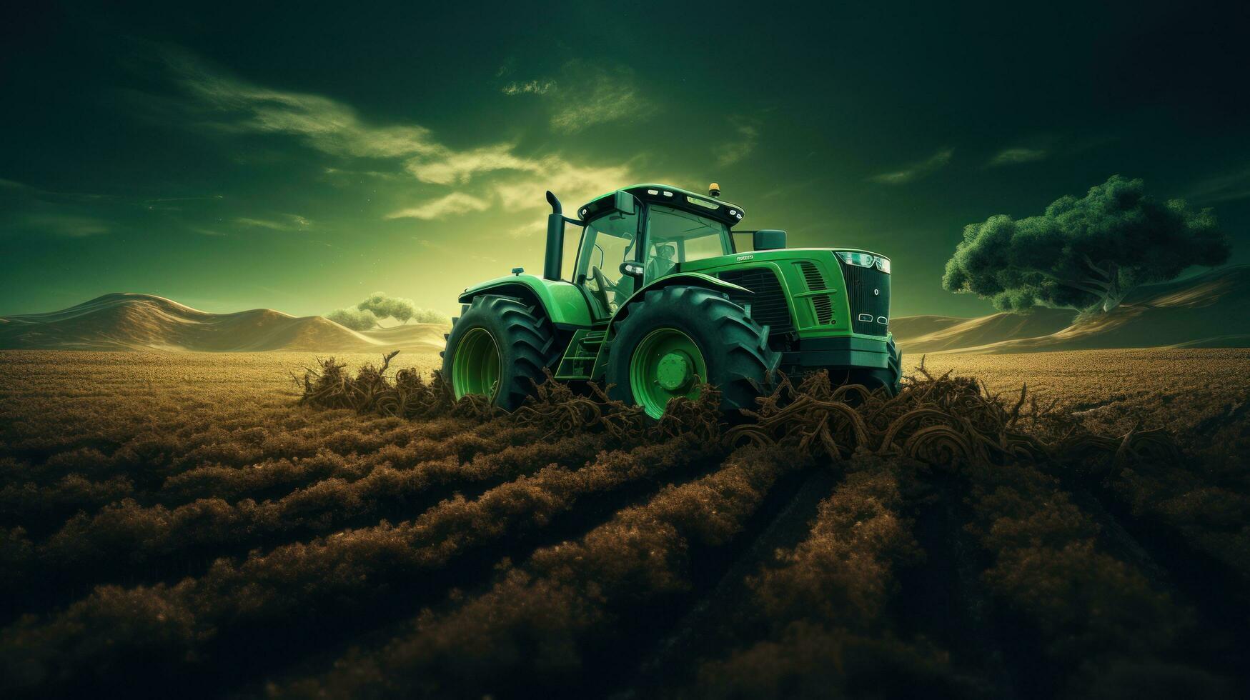ai genererad en grön traktor plöjning en fält av smuts, foto