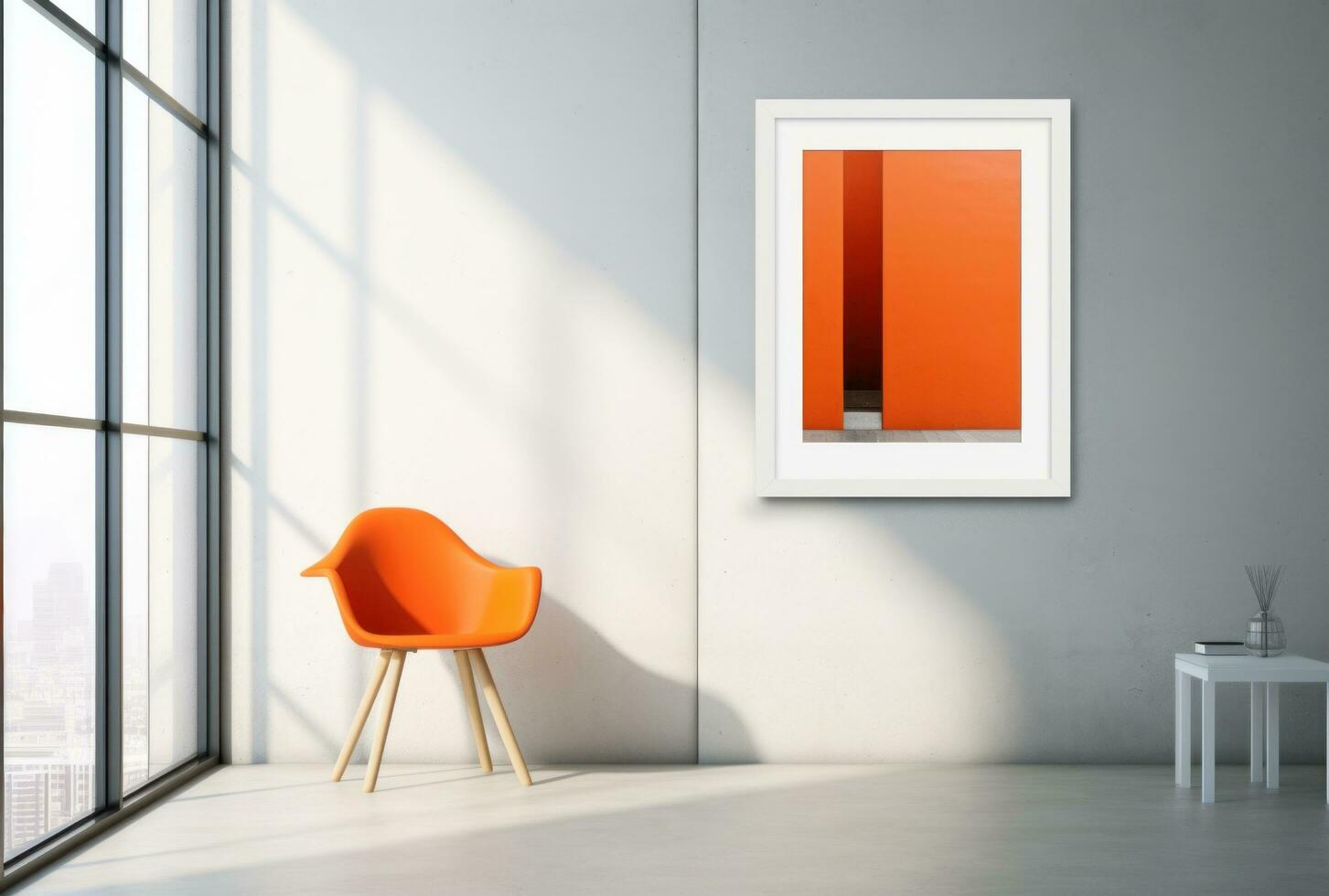 ai genererad ett orange stol och trä- tabell Nästa till en tom duk foto