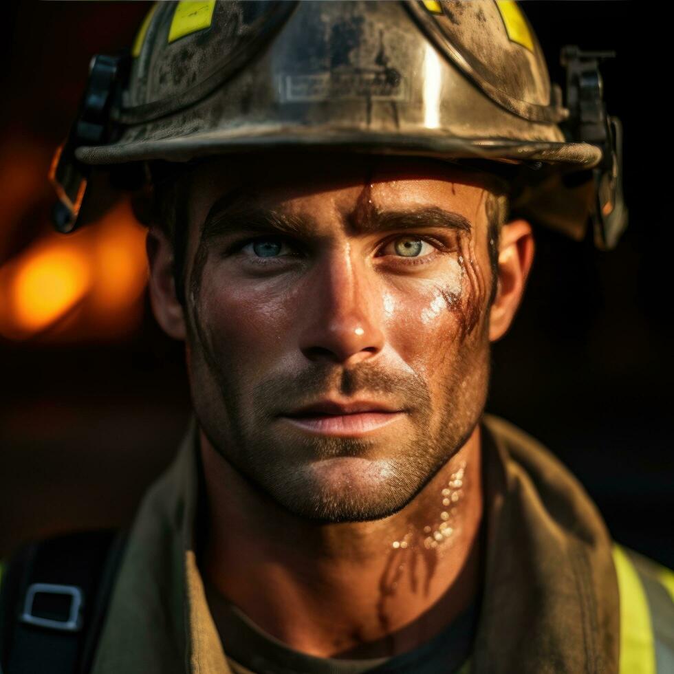 ai genererad stilig brandman, hans genomträngande blå ögon och mejslad käklinjen markerad foto