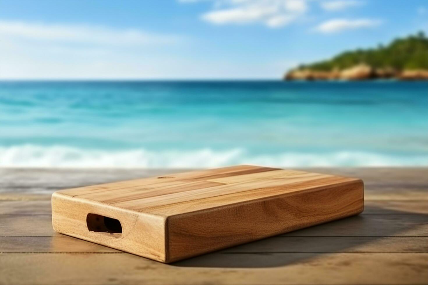 ai genererad trä- tabell med en podium och fri Plats för din Produkter. sommar Semester dag och havsbild. generativ ai. foto