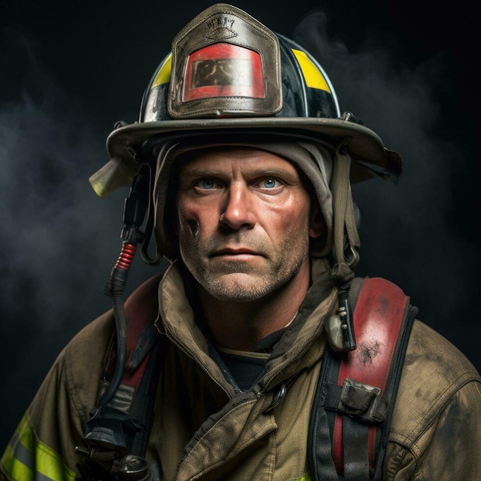 ai genererad en porträtt av en brandman i full redskap foto