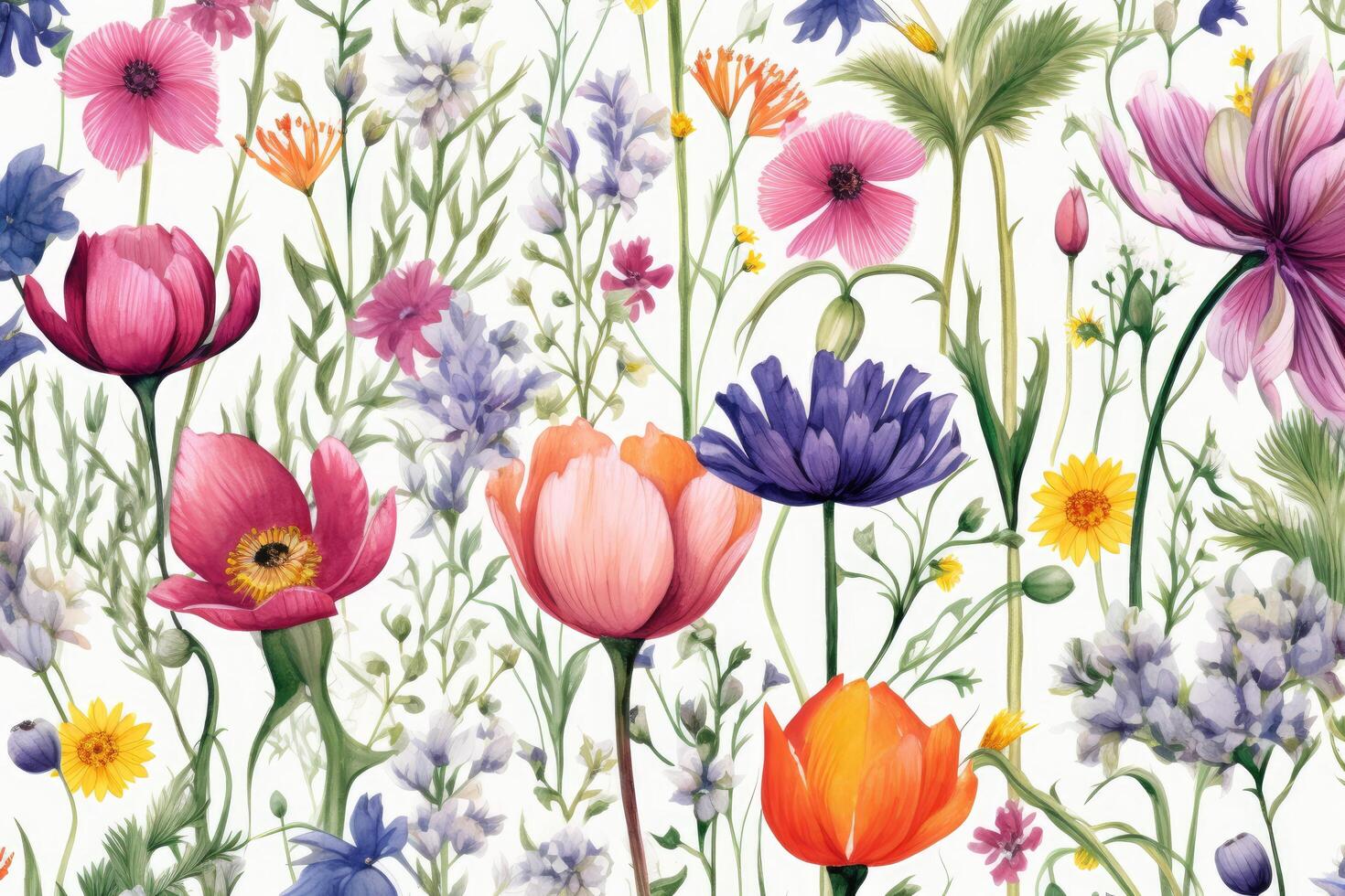 ai genererad sömlös mönster med vattenfärg blommor. ritad för hand illustration, blommig sömlös mönster i vattenfärg med färgrik vild och löv, ai genererad foto