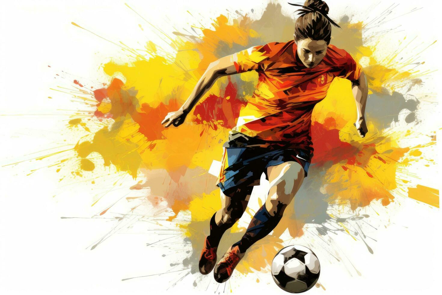 ai genererad digital illustration av en fotboll spelare i verkan med en vattenfärg bakgrund, uttrycksfull abstrakt illustration av en kvinna fotboll spelare i handling, ai genererad foto
