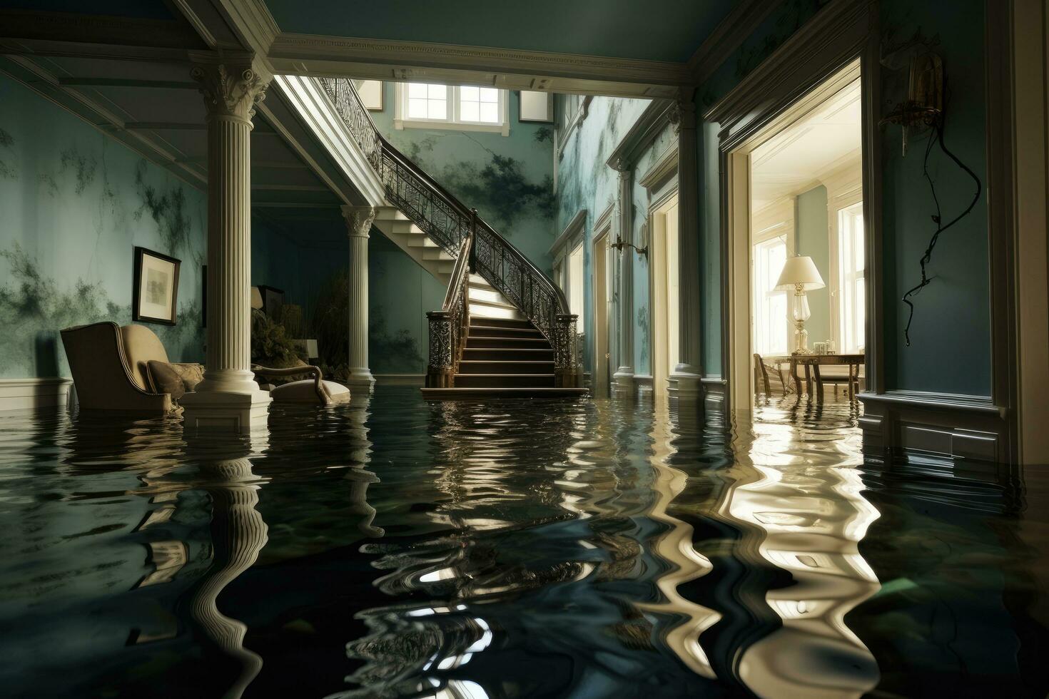 ai genererad interiör av en simning slå samman i en hotell. 3d tolkning, översvämmad hus med rum full av vatten, ai genererad foto