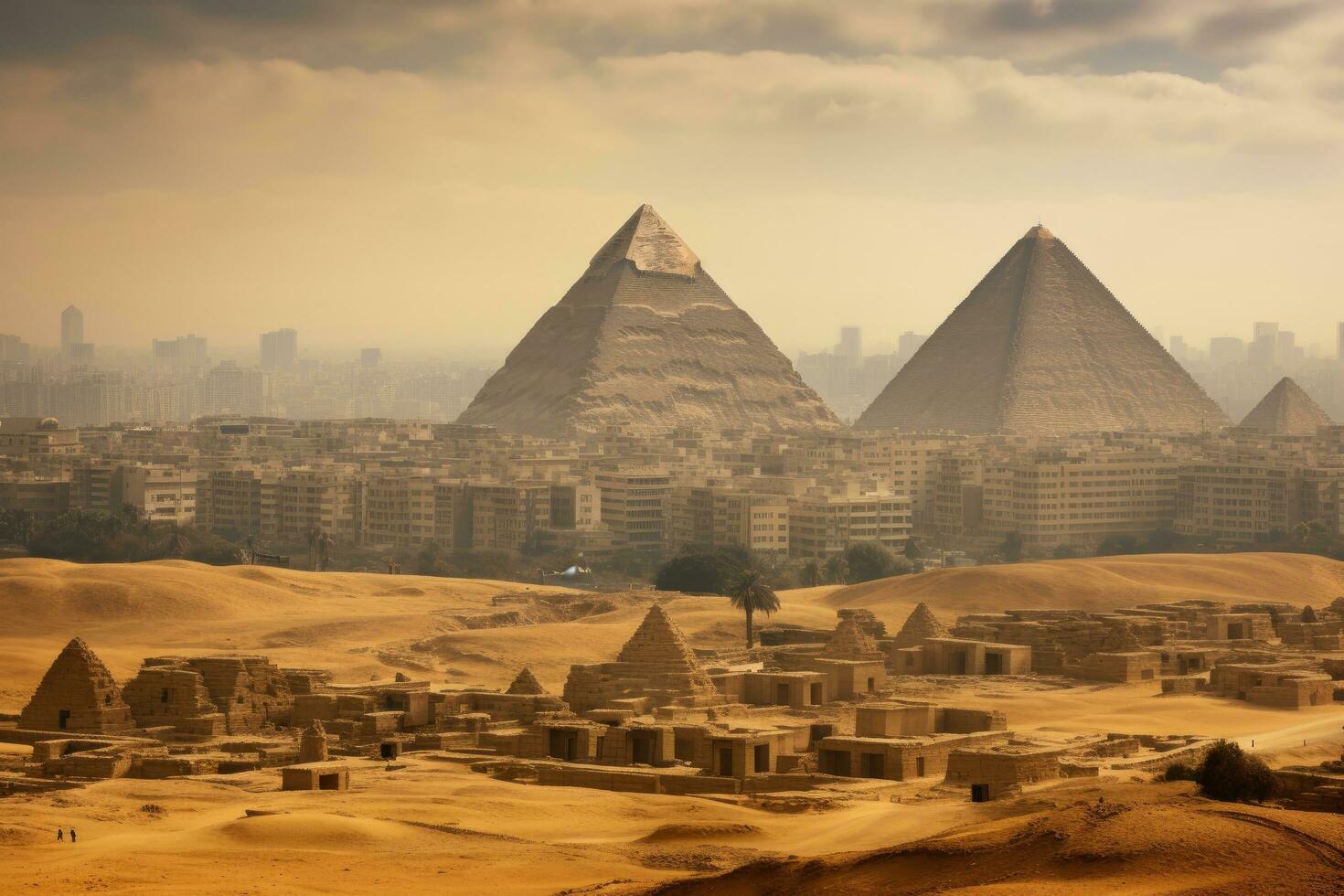 ai genererad de pyramider av giza och cairo stad i egypten, afrika, egypten, cairo - giza, allmän se av pyramider och stadsbild från de giza platå, ai genererad foto