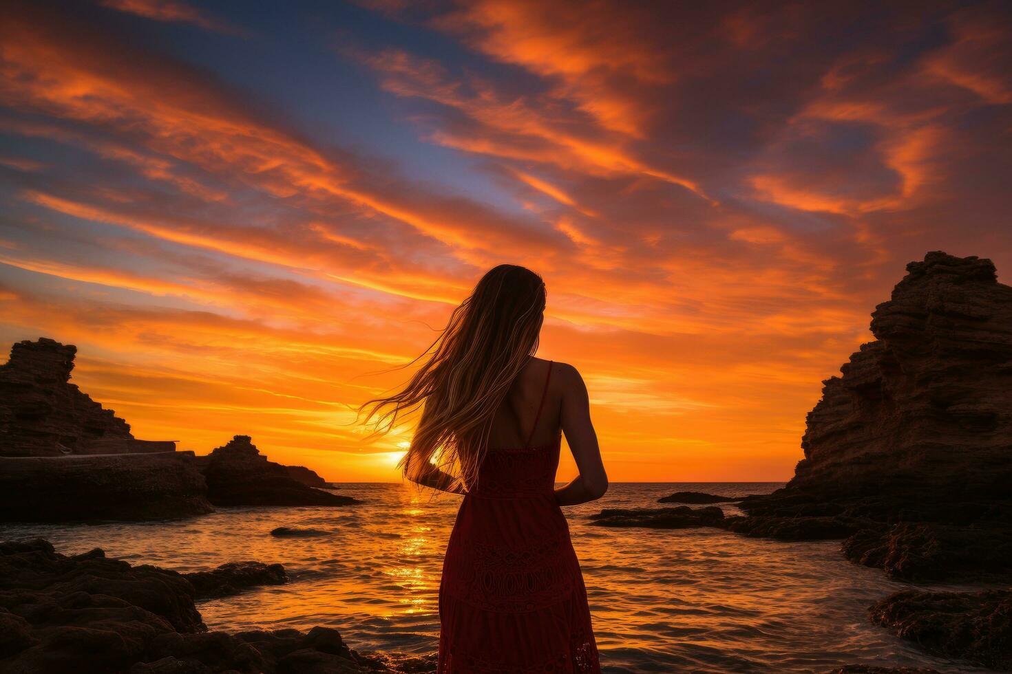 ai genererad skön ung kvinna i röd klänning på solnedgång på de strand, episk röd solnedgång i cala llentrisca med en modell, ibiza, ai genererad foto