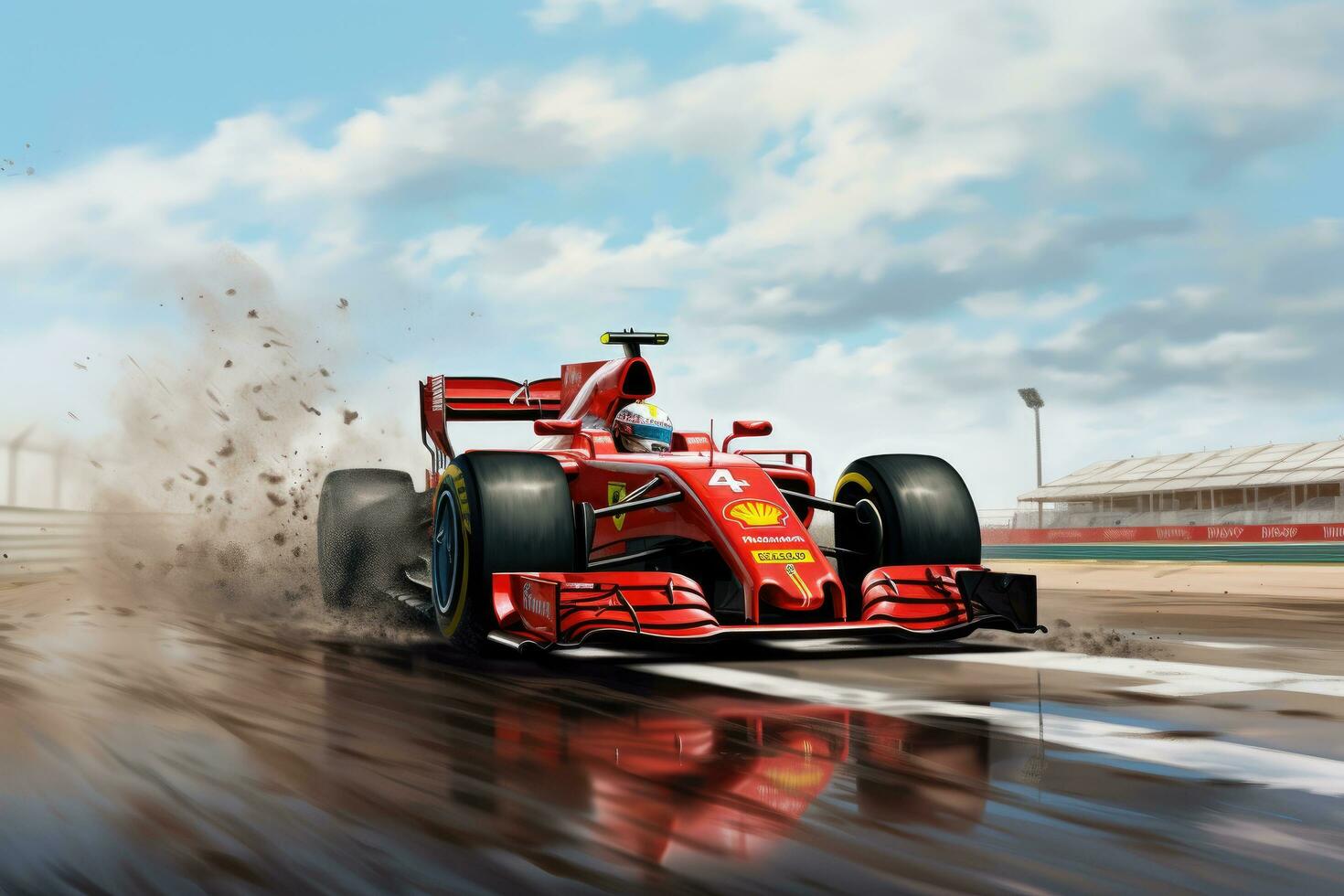 ai genererad 3d tolkning av en formel 1 lopp bil på de Spår, ferrari f1 på de Spår, sport bil tävlings formel ett på de lopp Spår, ai genererad foto