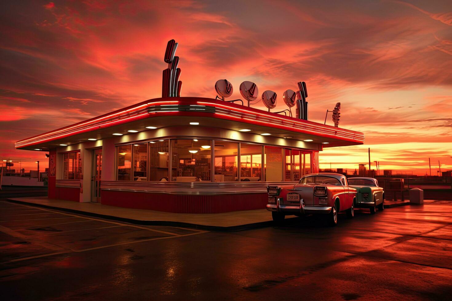 ai genererad gammal gas station på solnedgång med röd himmel och moln, usa, ai genererad foto