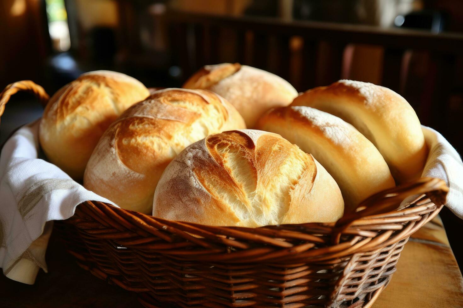 ai genererad nyligen bakad bröd i en korg- korg på en trä- tabell, en korg av färsk bakad bröd i en rustik bageri, ai genererad foto