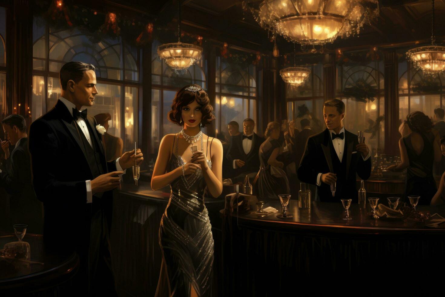 ai genererad stilig man och skön kvinna i elegant kväll klänningar dricka champagne på restaurang, en 1920 lönnkrog med klaff klänningar och smoking, ai genererad foto