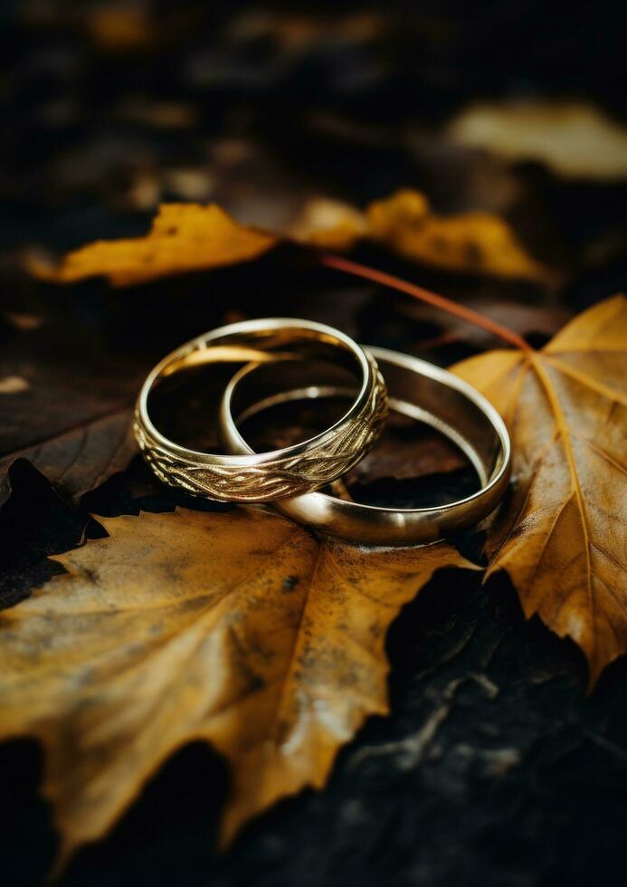 ai genererad två bröllop ringar i de mitten av en trä- yta foto